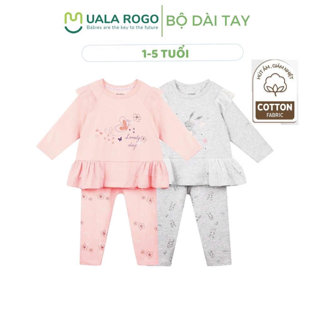 Bộ QA Uala Rogo dài tay phối bèo vải cotton mỏng cho bé gái (1-5T) UR3899