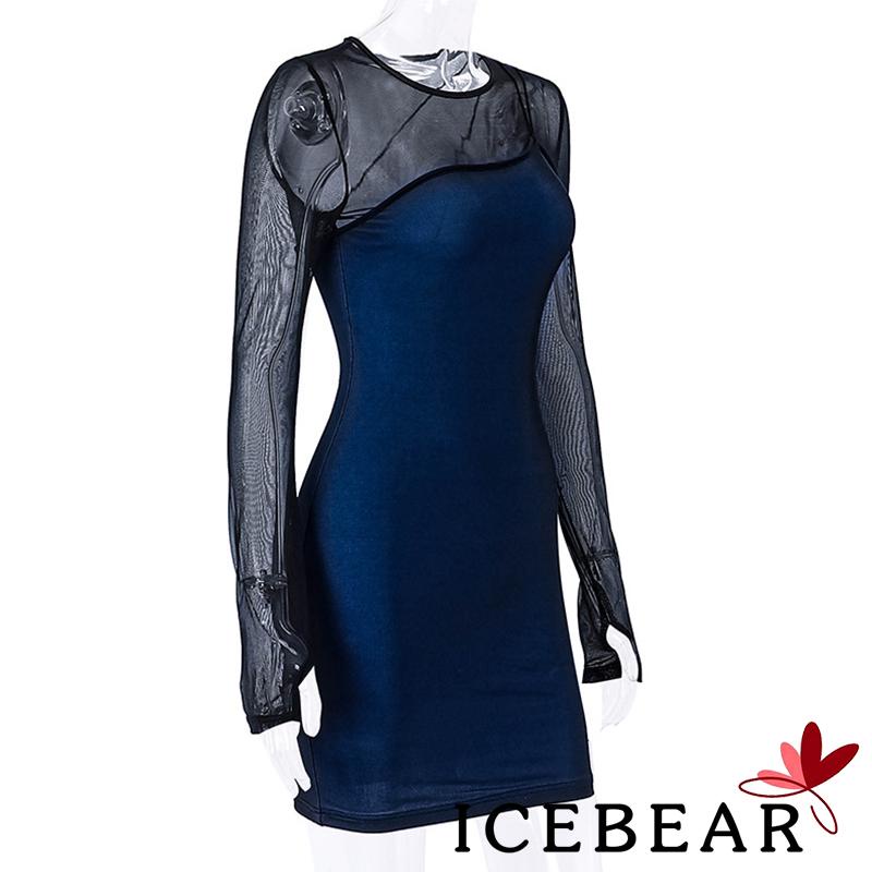 Đầm Tay Dài Cổ Tròn Phối Lưới Xuyên Thấu Thời Trang Quyến Rũ Cho Nữ