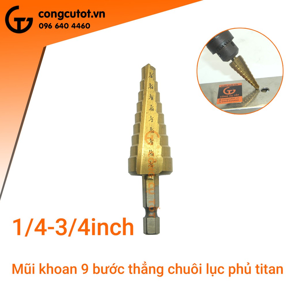 Mũi khoan bước thẳng HSS 4241 hệ inch  phủ titan chuôi lục