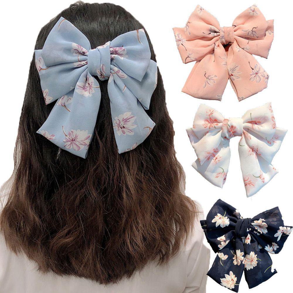 Kẹp Tóc Nơ Vải Chiffon Họa Tiết Hoa Lấp Lánh Thời Trang Cho Nữ