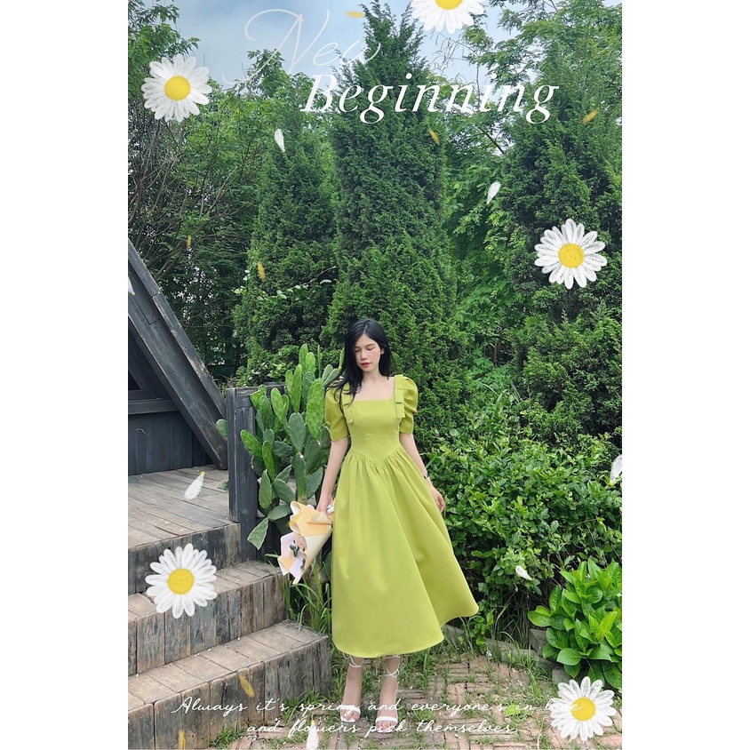 ĐẦM MIDI 2 DÂY CỘT VAI DÚM TAY XẾP