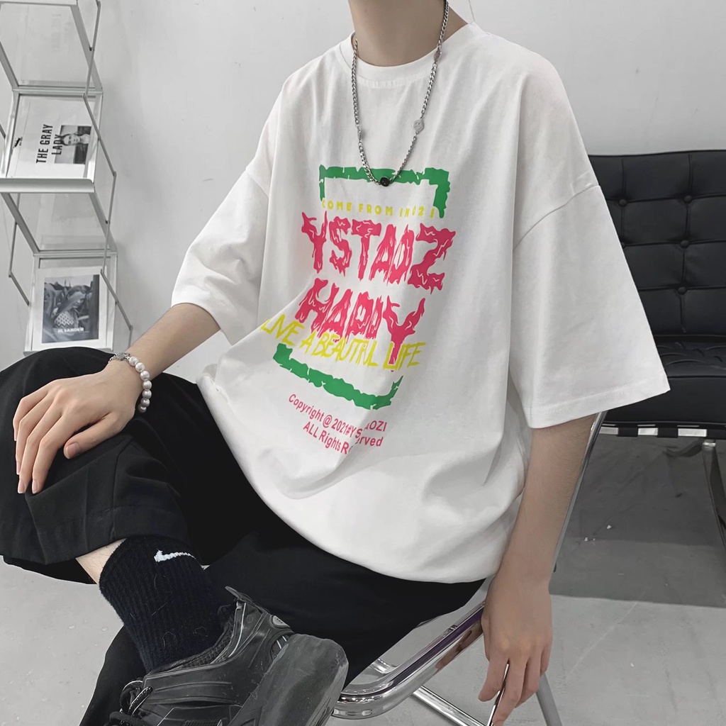 Áo Thun Nam Cổ Tròn Dáng Rộng In Chữ Thời Trang Hàn Quốc Size S-8XL