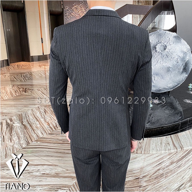 Bộ Vest Nam  Ôm Body Xám Kẻ - Kiểu 1 Khuy. Vải cao cấp, 2 lớp - TIANO STORE