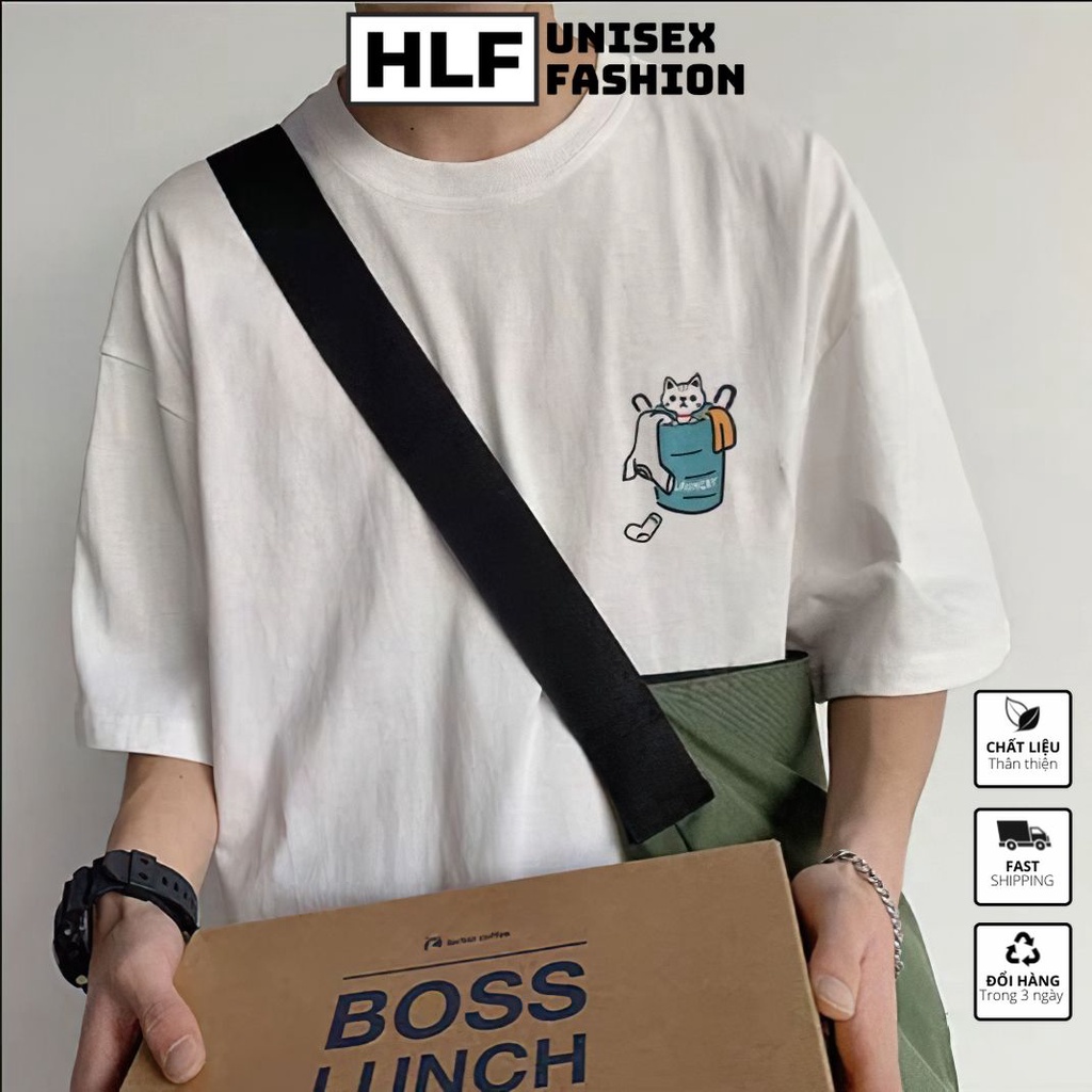Áo thun tay lỡ form rộng Unisex mèo con đi tắm, áo phông form rộng tay lỡ HLFashion