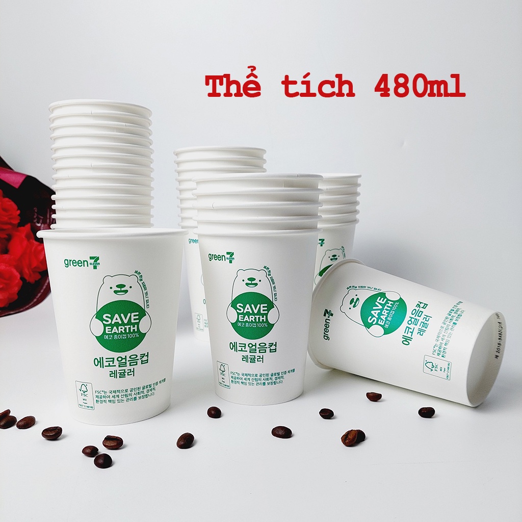 50 Cốc giấy 480ml - 16oz Gấu Xanh hàng NHẬP KHẨU HÀN QUỐC