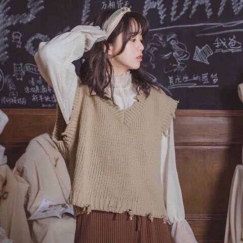 Áo Sweater Dệt Kim Không Tay Cổ Chữ V Phối Ren Xinh Xắn Theo Phong Cách Xuân Thu Hàn Quốc | BigBuy360 - bigbuy360.vn