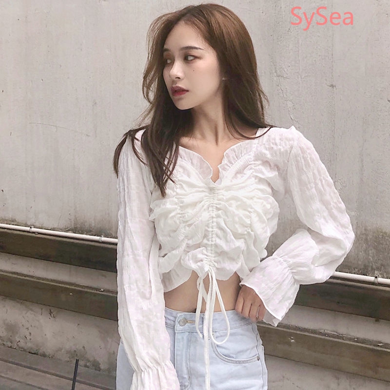 Áo crop top dài tay màu trắng phong cách mùa hè thời trang cho nữ