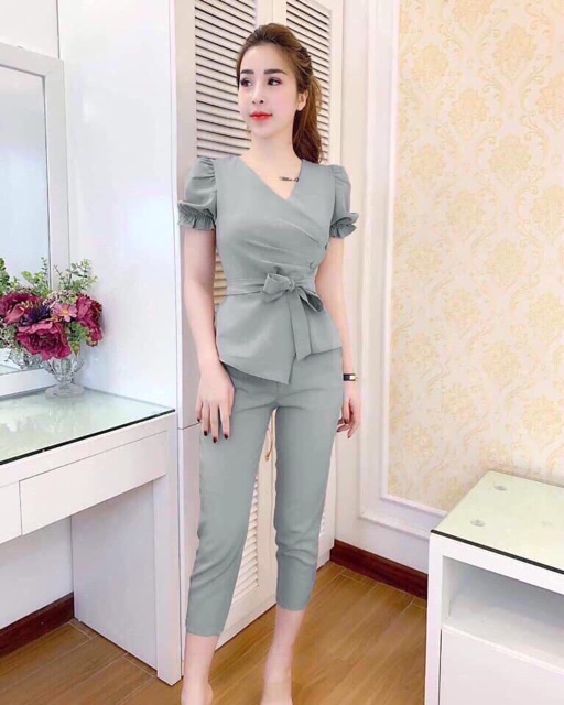 [ Mã FAMAYWA2 giảm 10K đơn 50K] Sét bộ lửng cát hàn tay ngắn áo vạt chéo phối đai lưng | BigBuy360 - bigbuy360.vn