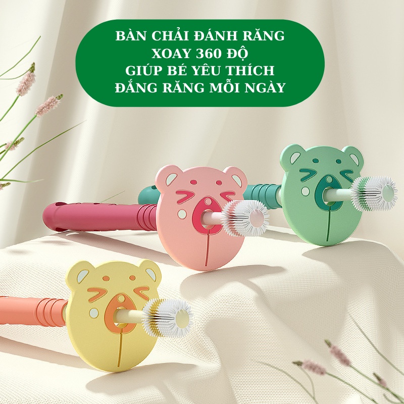 Bàn chải đánh răng siêu mềm cho bé xoay 360 độ mẫu mới, Bàn chải cầm tay cho trẻ từ 1 tuổi có vách ngăn an toàn