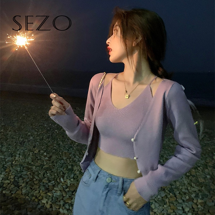 QKOOLE  Áo cardigan màu trơn và áo hai dây dệt kim thời trang Hàn Quốc cho nữ