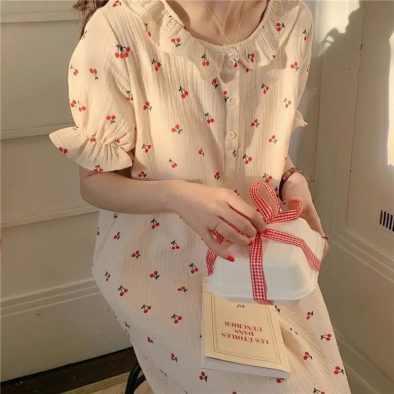 [CÓ SẴN] Váy ngủ cherry dáng dài cộc tay hoa nhí mặc nhà dễ thương chất mát Hàn Quốc ullzang | BigBuy360 - bigbuy360.vn