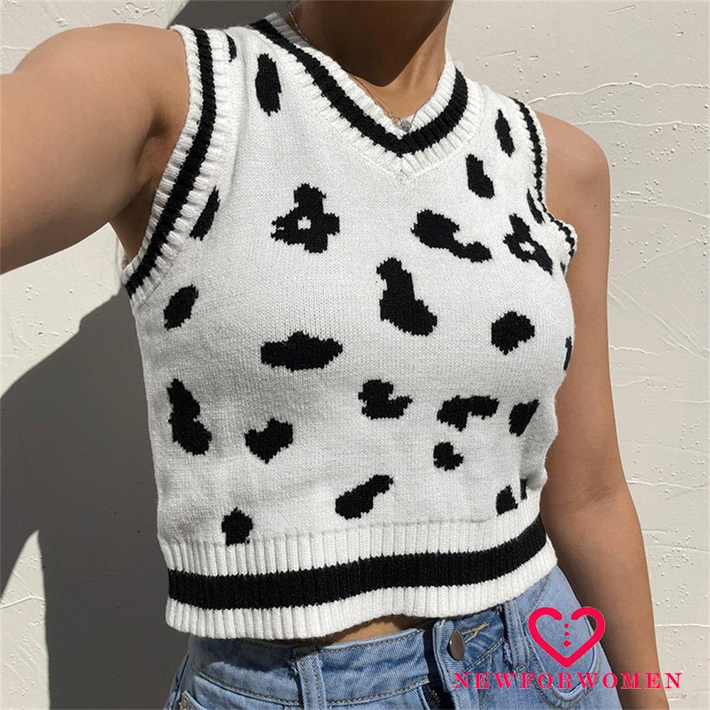 Áo Croptop Sát Nách Cổ Chữ V Họa Tiết Da Bò Sữa