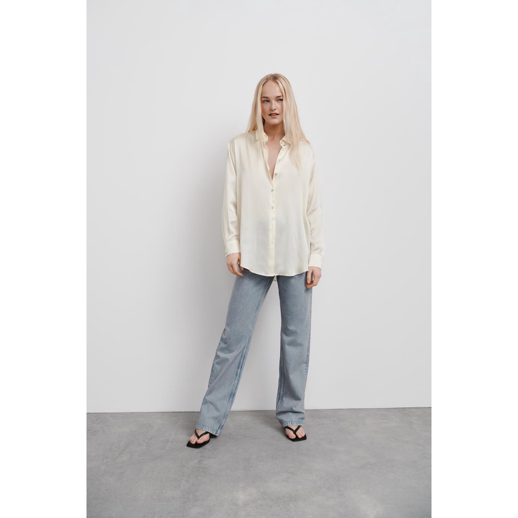 Zara Morocco full tag - Áo sơ mi lụa trắng kem AT0SMG40N8