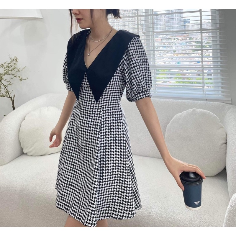 Đầm dạ bố caro phối cổ peter đen (có bigsize) h61 Ngắn