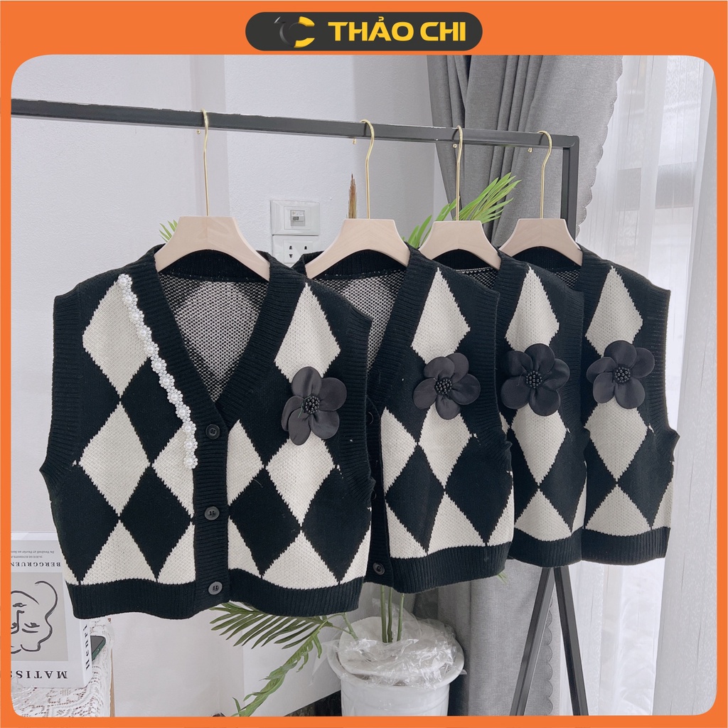 Áo gile crotop len 1 viền cúc ngọc tag hoa