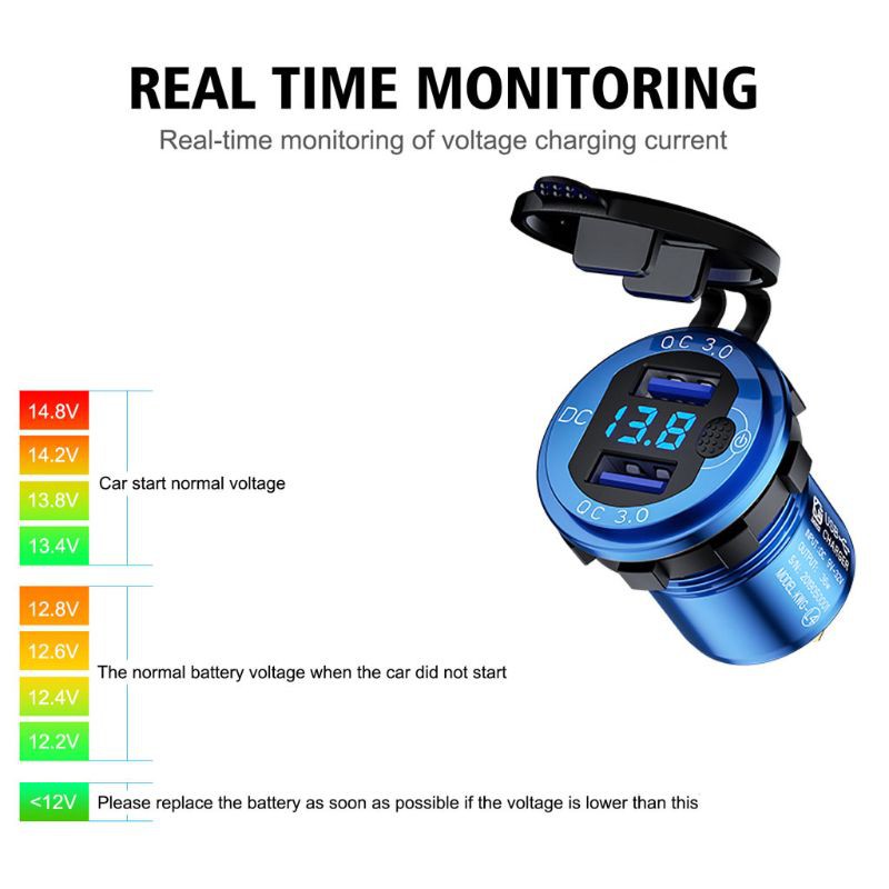 FUN Metal 12V 24V QC3.0 Dual USB Car Charger Fast Charge LED Voltmeter Switch Cable