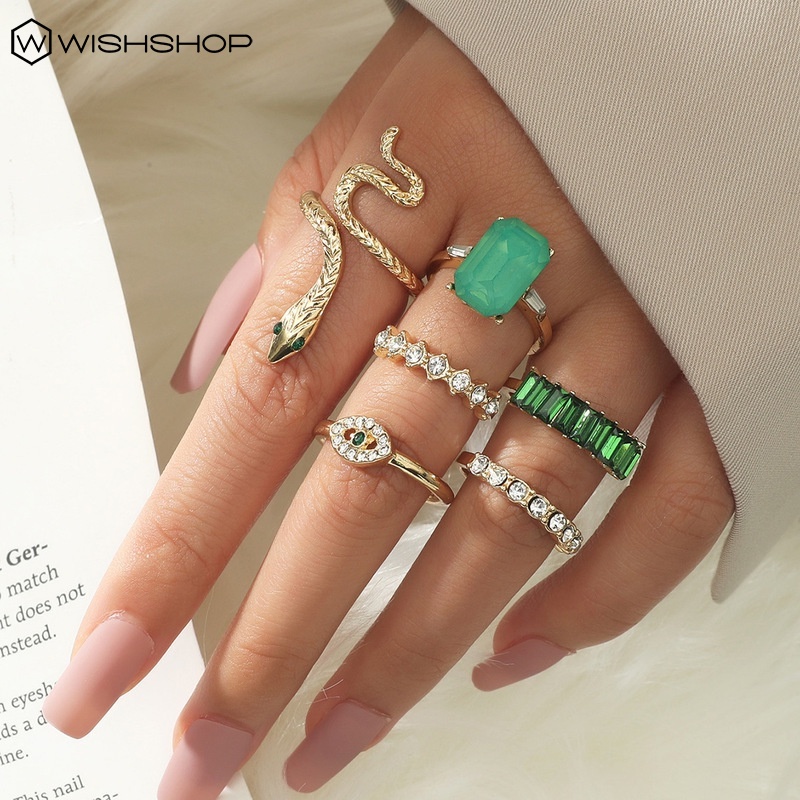 Set 6 Nhẫn Đeo Tay Kim Loại Hình Rắn Đính Đá Thời Trang Cho Nữ