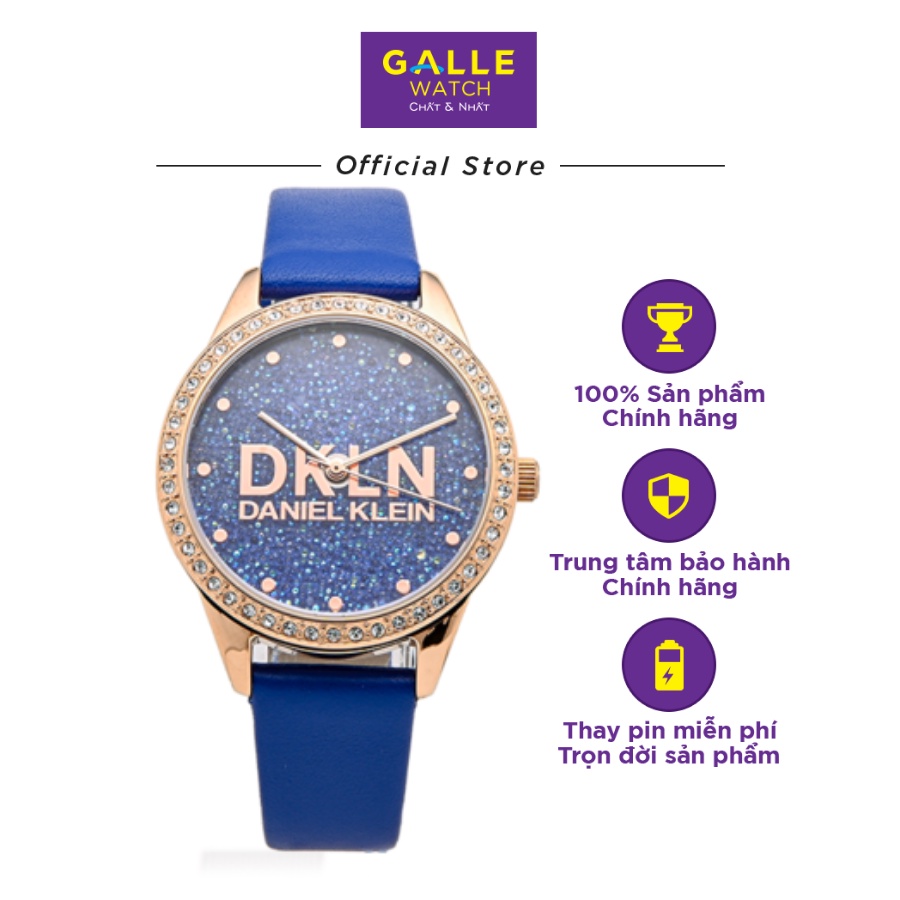 Đồng hồ dây da nữ cao cấp Daniel Klein DK.1.12562.5 chống nước, viền đính đá, mặt số thiết kế đặc biệt màu xanh lấp lánh