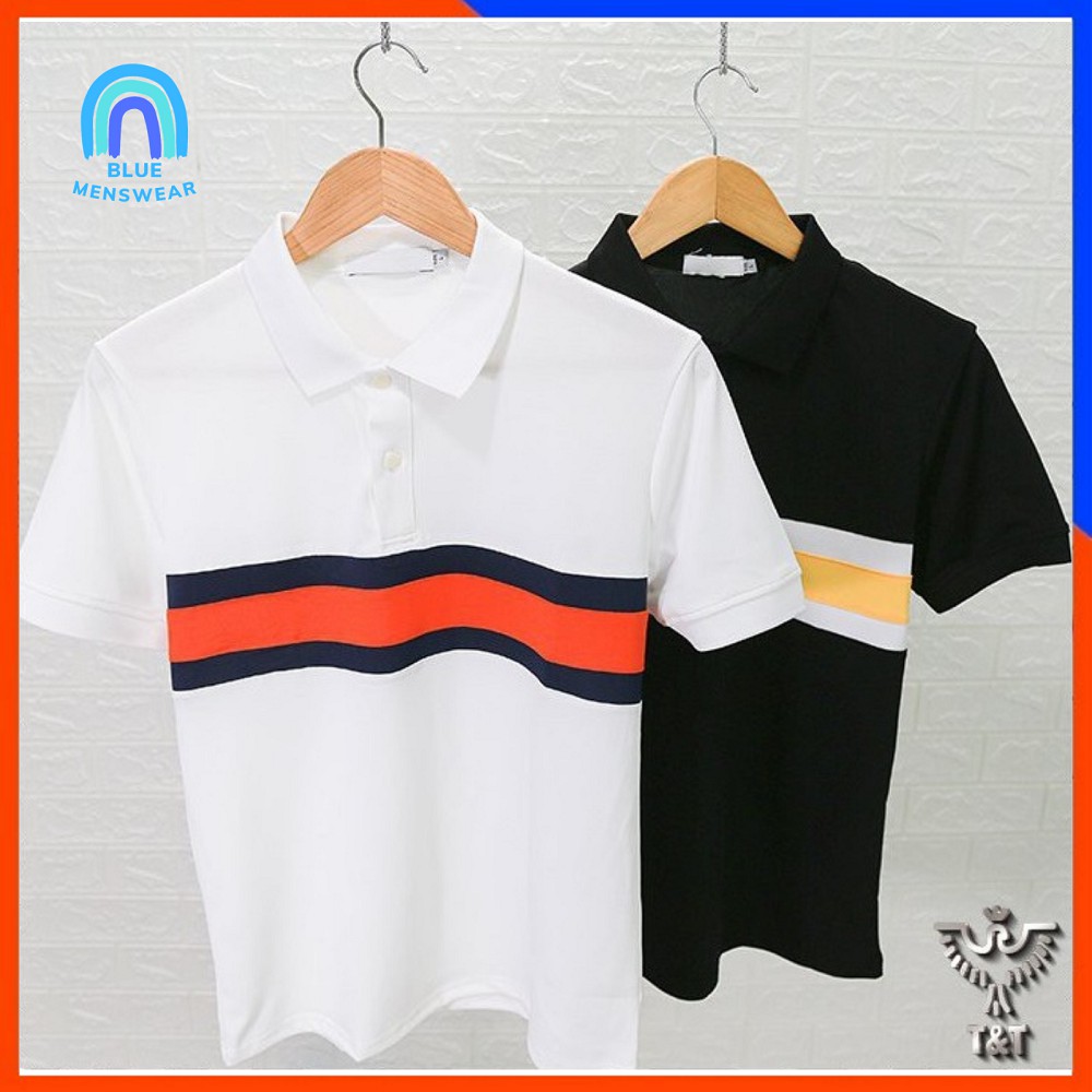 Áo phông nam có cổ đẹp tay ngắn mẫu Polo kẻ ngang mới BAT128 - BLUE MENSWEAR
