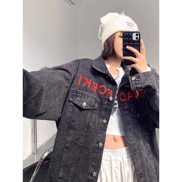 Áo Khoác Phông Chữ Trừu Tượng | Áo Khoác denim Màu Đen/Xám Đậm Phong Cách Hàn Quốc