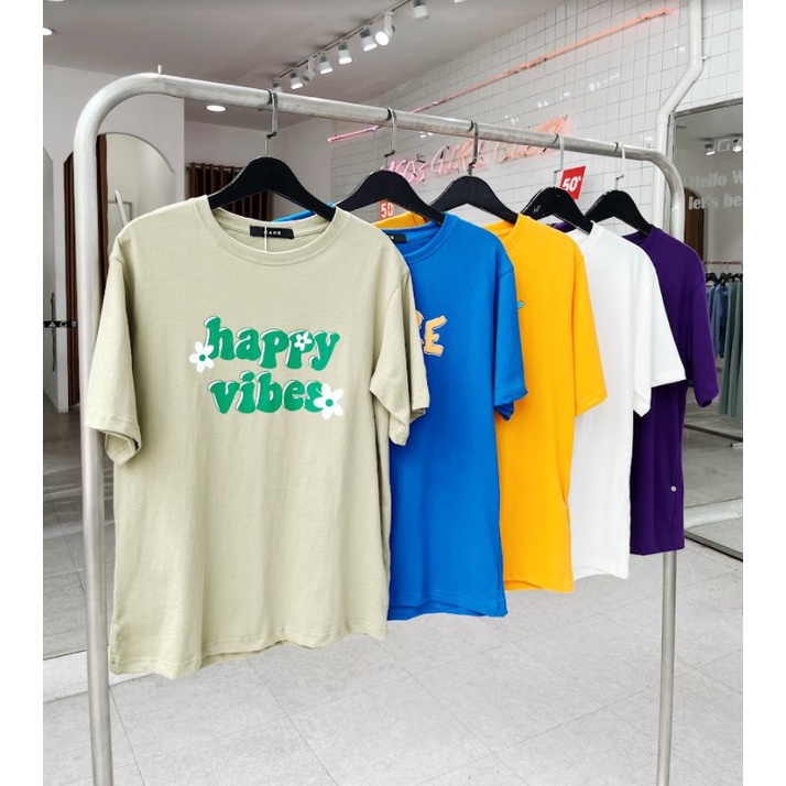 Áo thun oversize tay lỡ áo phông cotton nữ in chữ happy vibes thời trang GAGO màu rêu GA3831