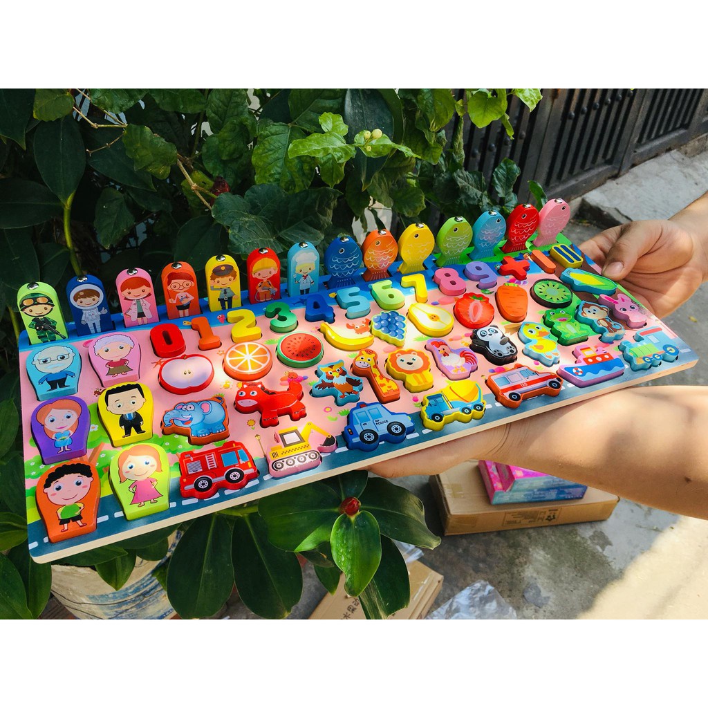 Đồ chơi gỗ xếp hình câu cá ghép số học đếm 63 chi tiết 5in1, bộ bange học thông minh cho bé