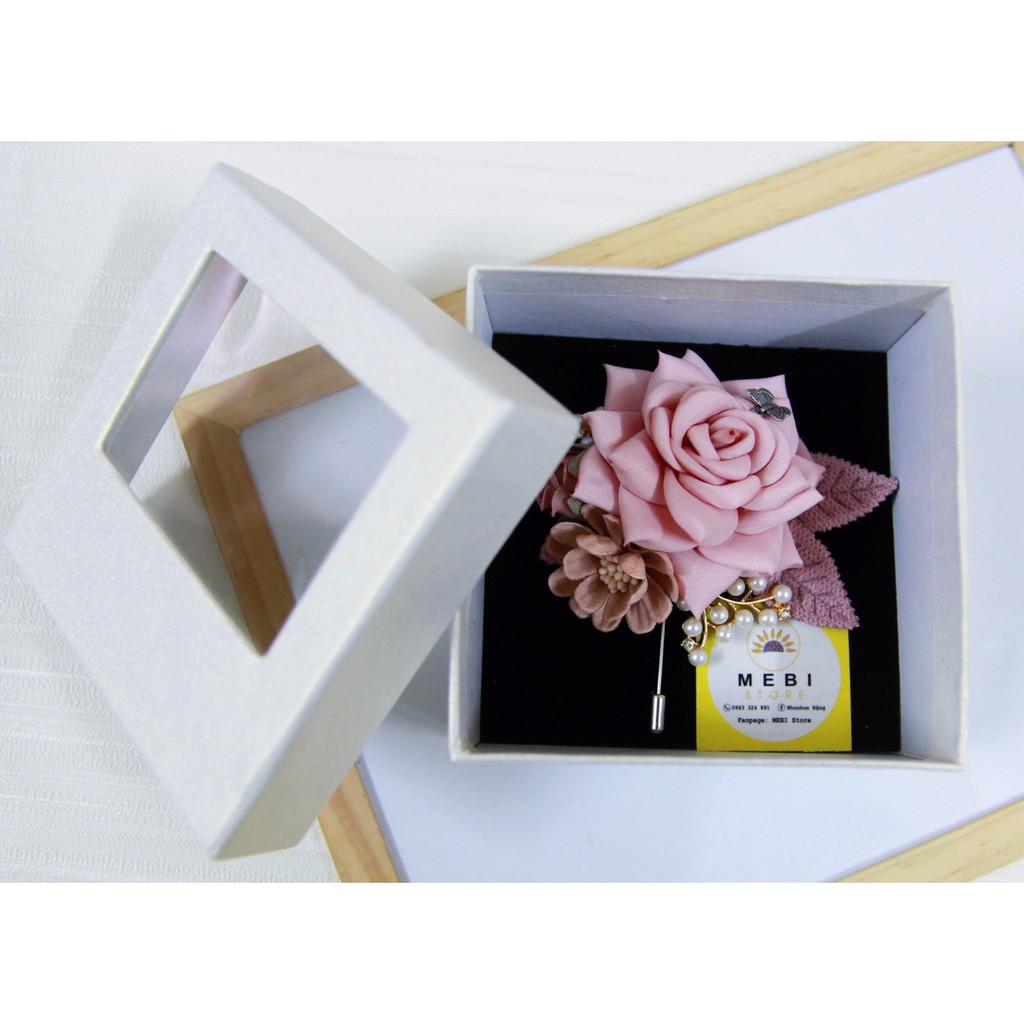 (Ảnh thật 100%) Hoa cài áo hoa hồng cánh nhọn siêu xinh màu hồng phấn (no box)