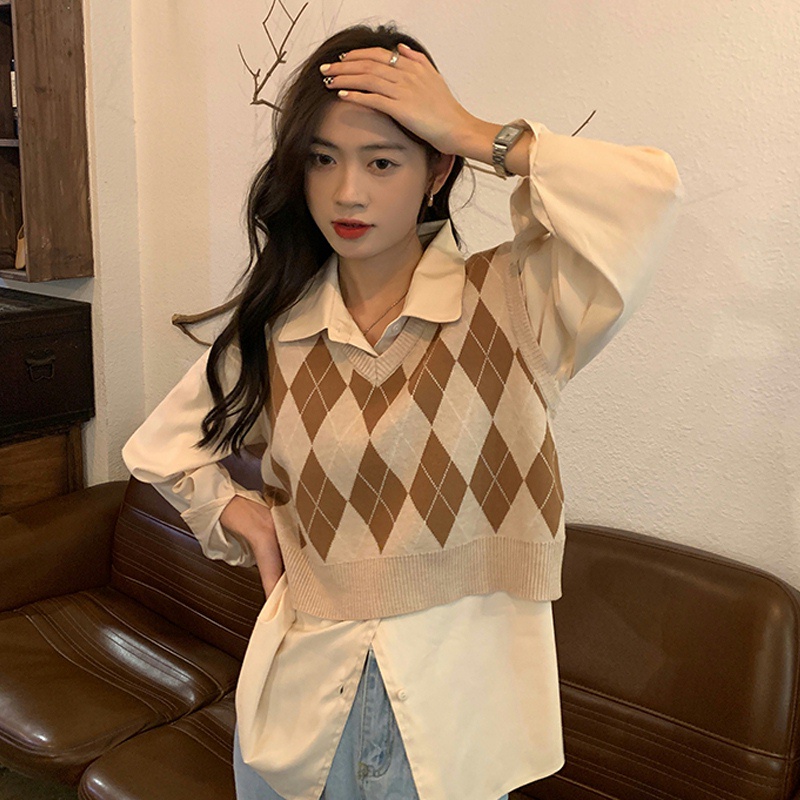 Áo len không tay cổ chữ V họa tiết sọc caro thiết kế thời trang dành cho nữ