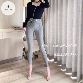 Quần bò giấy jean nữ gân giữa cạp cao một cúc Alvara