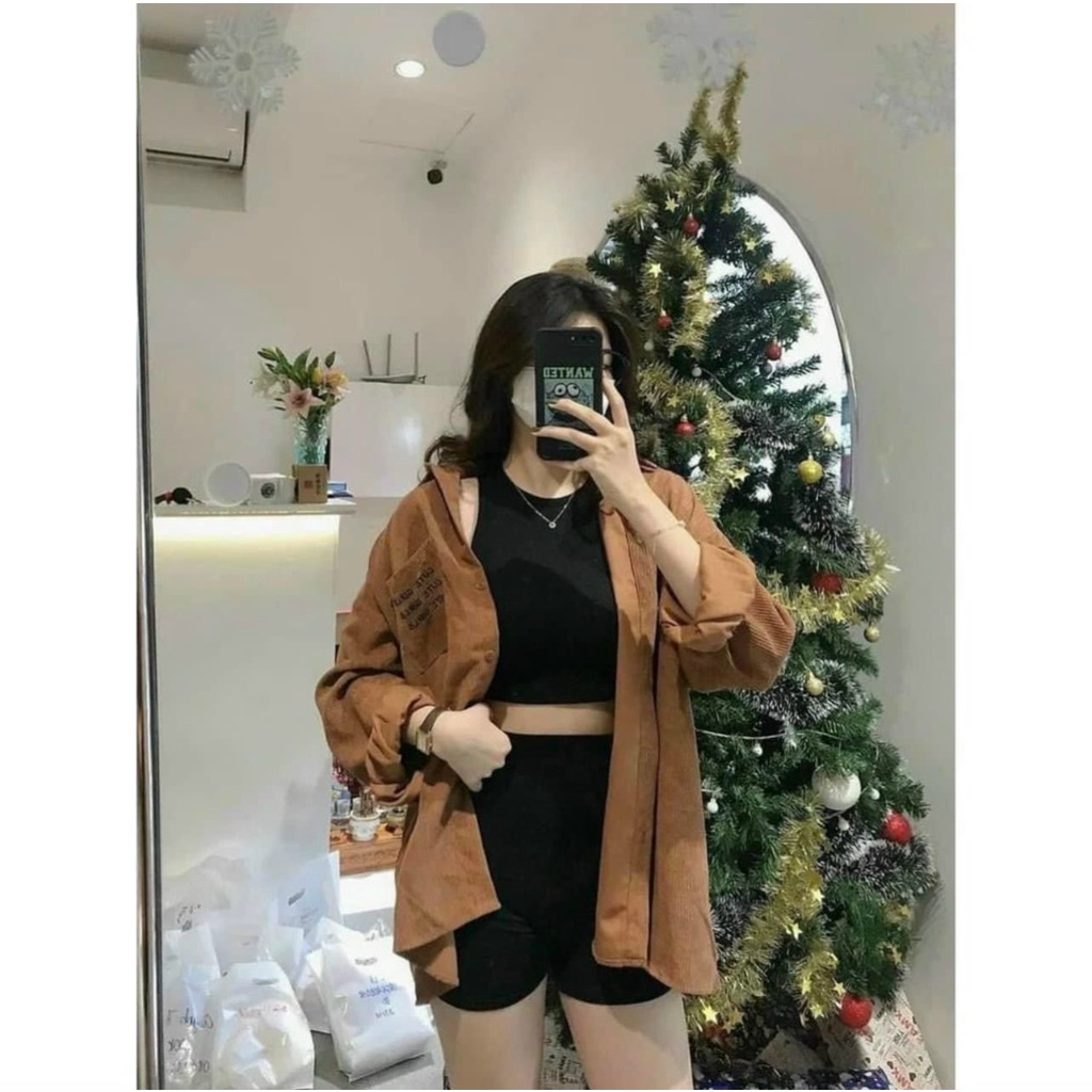 Áo Sơ Mi Nhung Túi Chữ Rộng Unisex Kiểu Hàn Quốc💖FREESHIP ĐẸP💖Kiểu Khoác Thu Đông Chống Nắng Tốt - Nam Nữ Couple Jacket