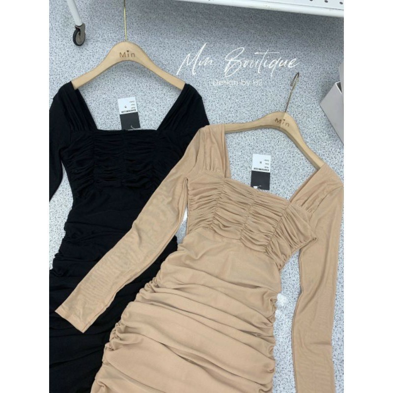 BÁN SỈ VÁY BODY LƯỚI RÚM CỔ VUÔNG 2 MÀU ĐEN NUDE CHO NỮ | BigBuy360 - bigbuy360.vn