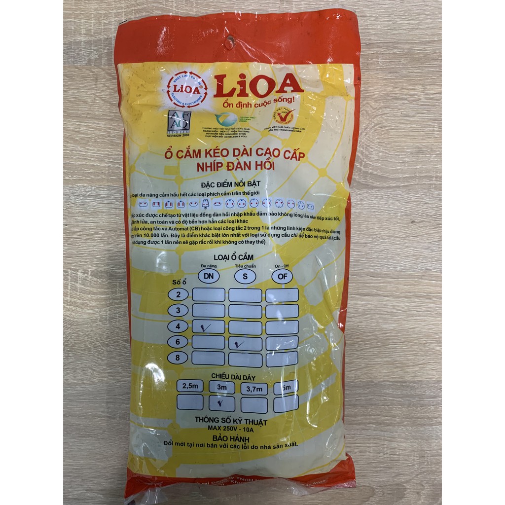 Ổ cắm điện LIOA, 10 lỗ 1 công tắc 4D6S, có bảo vệ quả tải, ~2200W, dây dài 3m/5m - Điện gia dụng Hoàng Kim