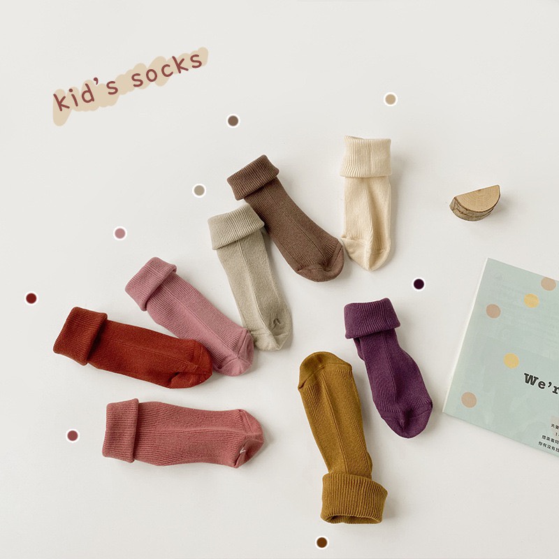 Set 8 tất trẻ em len cao cổ cho bé từ 1 đến 10 tuổi vớ màu trơn cho bé