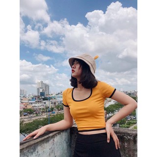 Áo croptop thun bozip cổ viên chữ u tay ngắn co giãn 4 chiều