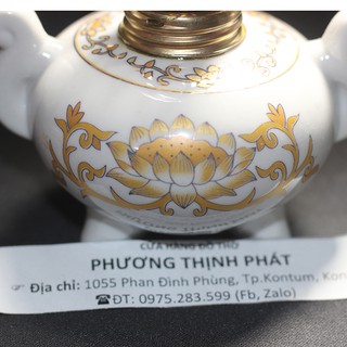 Đèn Dầu Sứ Trắng Sen Vàng