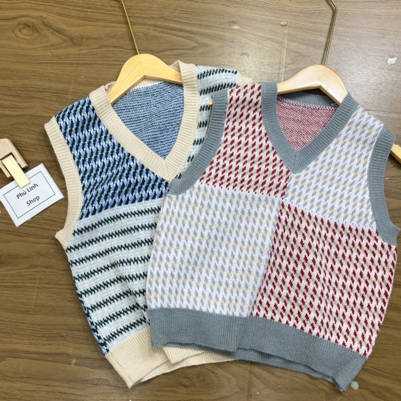 MS449 Áo gile len nữ hoạ tiết zigzag cổ tim