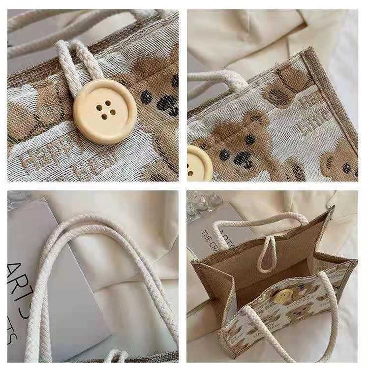 Túi cói túi tote mini hình gấu thời trang đi biển của Nhật Bản dễ thương phong cách Vintage LABOMA TC005