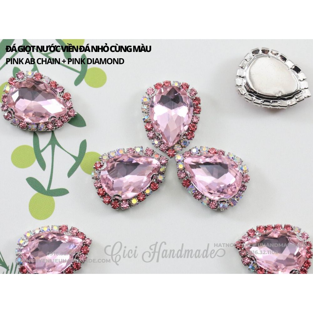 Đá giọt nước viền đá nhỏ cùng màu, đế bạc có lỗ khâu Cici Handmade hạt cườm nguyên liệu tự làm kẹp tóc đính kết váy sa