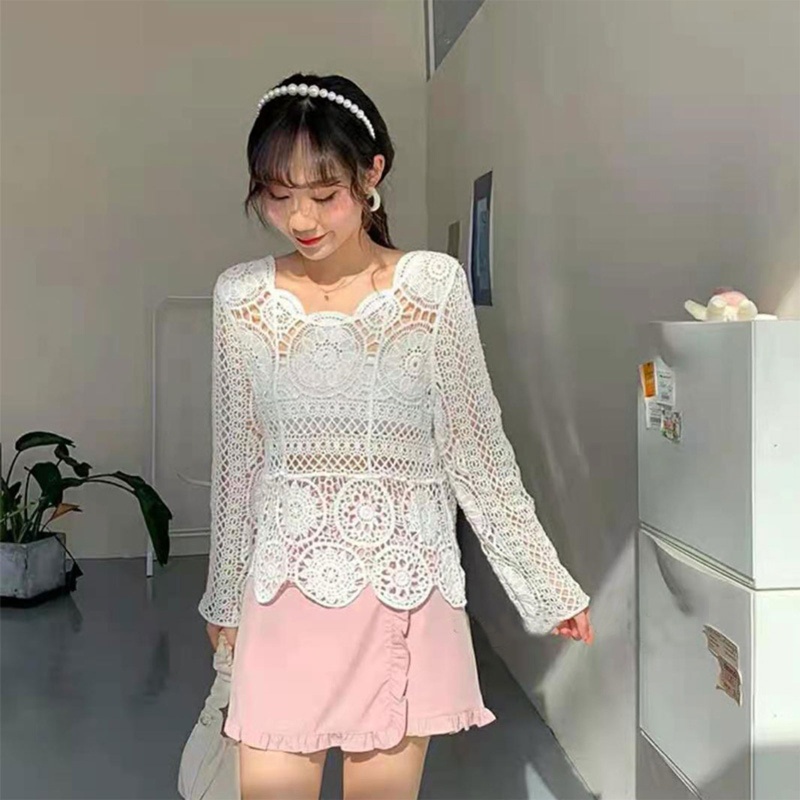 Brroa Áo Thun Dệt Kim Tròng Đầu Dáng Rộng Tay Dài Khoét Lỗ Hình Học Rỗng Đi Biển Cho Nữ