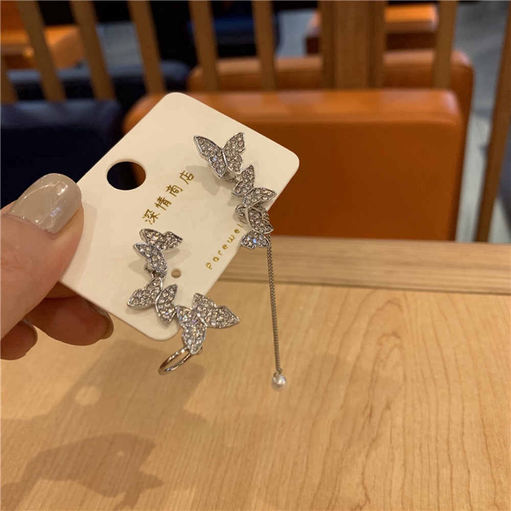 Khuyên tai dáng dài mặt bướm không đối xứng thời trang retro thanh lịch