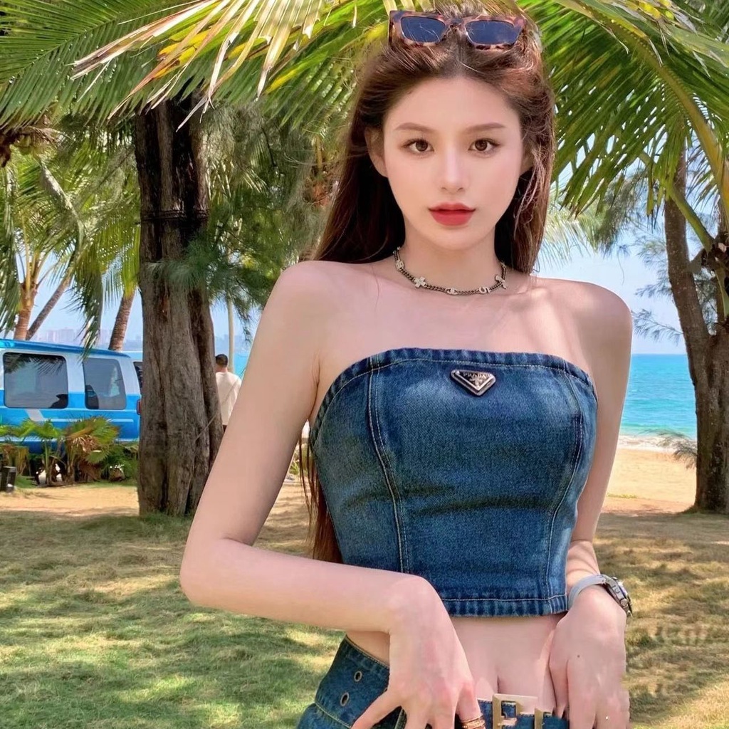 jiashucheng Áo Ống Vải Denim Dáng Ngắn Trễ Vai Hình Tam Giác Tiêu Chuẩn Quyến Rũ Dễ Phối Đồ Thời Trang Mới