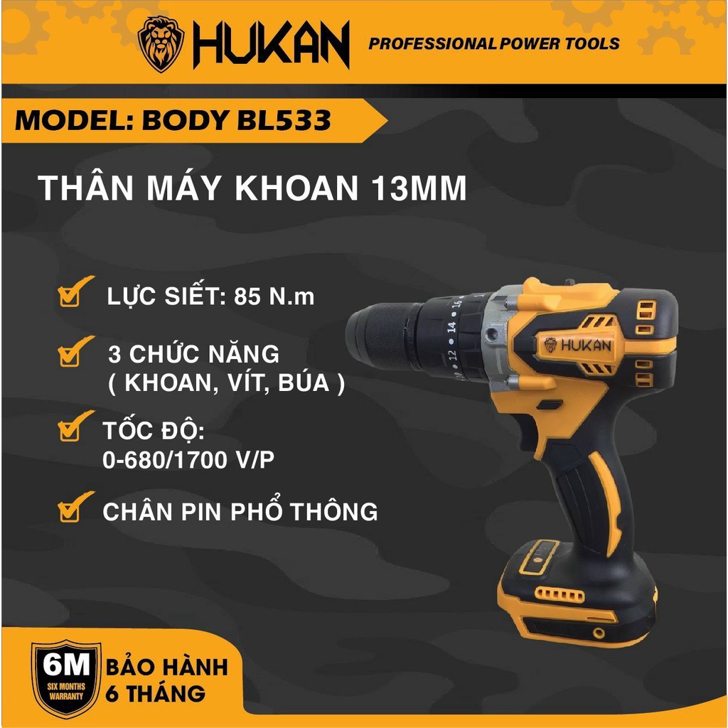 Thân Máy Khoan pin 3 Chức Năng HUKAN HK-533BL không chổi than