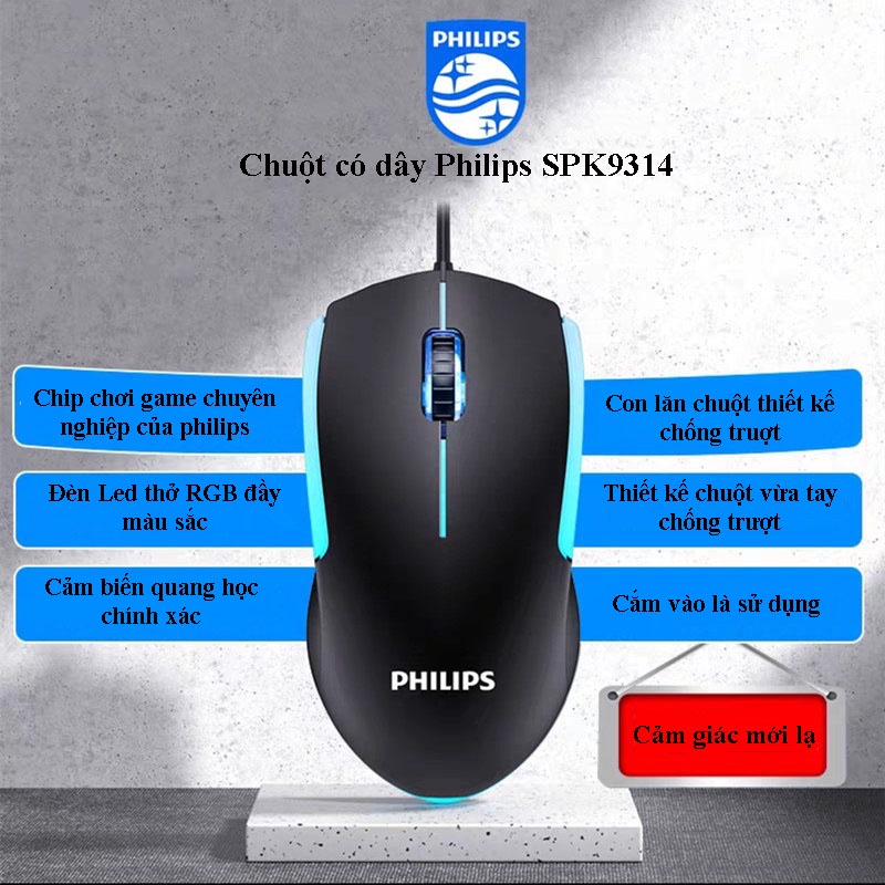 Chuột chơi Game có dây Philips SPK 9314 1200DPI đèn led RGB nhiều màu đầm tay dùng văn phòng cực tốt