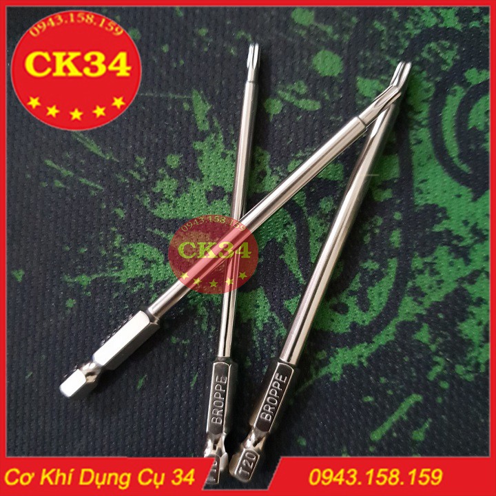 Mũi vít hoa thị có lỗ. Lục giác bông 3 pc cho khoan bắn vít T10, T15, T20 dài 100mm hãng BROPPE