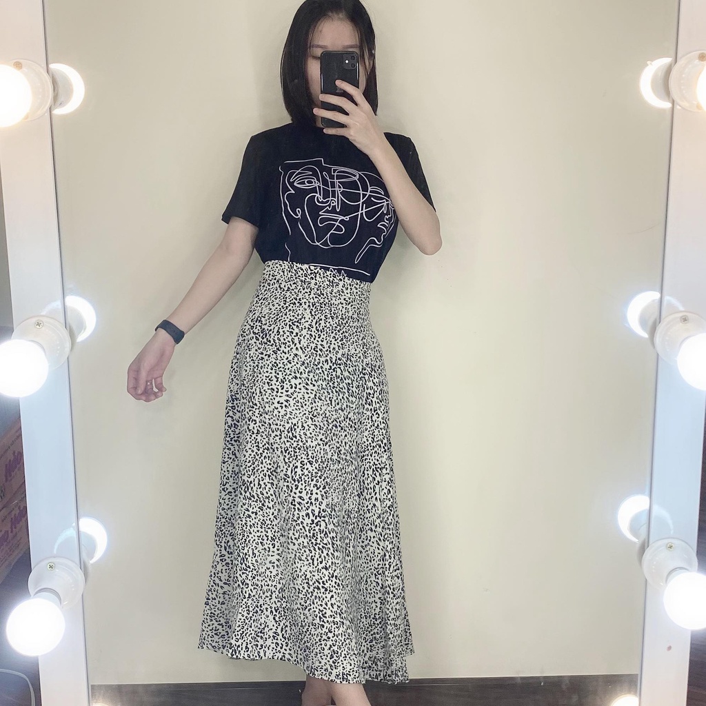Chân Váy Da Beo Midi, Áo Phông Tay Lỡ Pull Đen