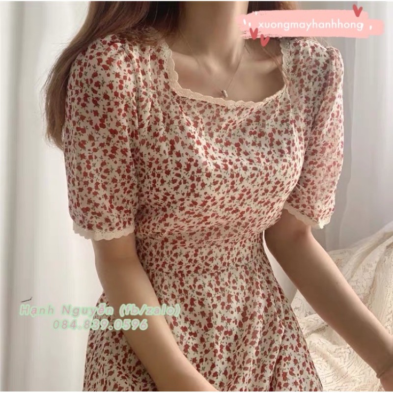 Váy hoa cổ vuông ren vintage tay lửng 2 lớp cực xinh