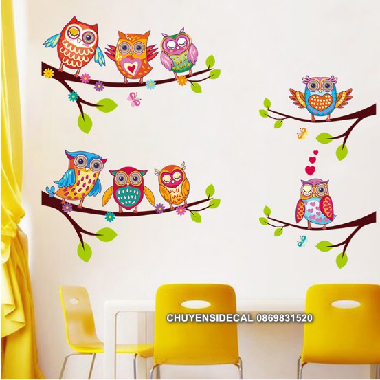 Decal trang trí tường - Cành Cây Cú Sắc màu 02