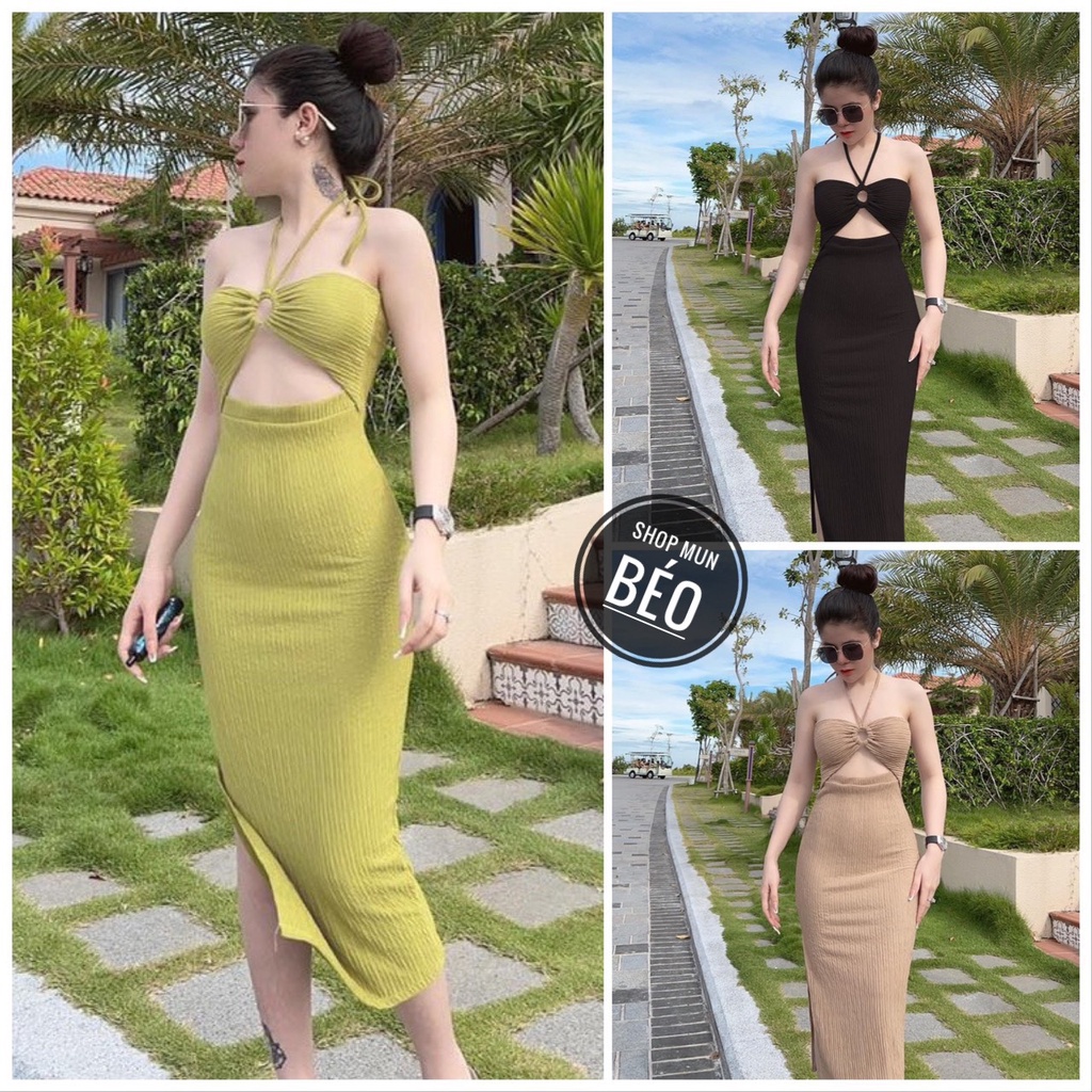 Đầm body dây buộc cổ khoen ngực có mút xẻ đùi chất thun xốp nhăn thích hợp mặc đi làm đi chơi phù hợp với mọi phong cách
