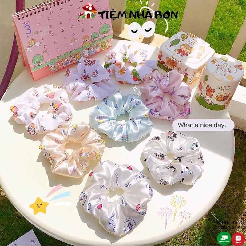 Dây cột tóc scrunchies, buộc tóc scrunchies họa tiết dễ thương in nhiều màu phong cách vintage