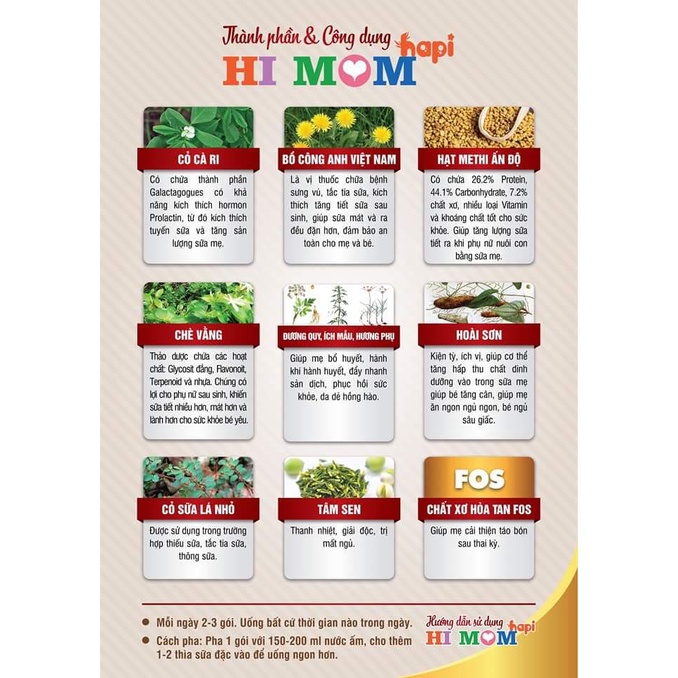 Lợi Sữa Hi Mom HaPi -Giúp Gọi Sữa Về,Mát Sữa ,Thông Tắc Tuyến Sữa,Có Chè Vằng,Cỏ Sữa tốt Cho Mẹ Sau Sinh Đang Cho Bé Ti